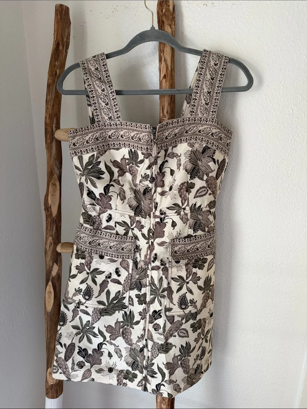 Tory Burch Cream Grey Floral Swuare Neck A-Line Mikado Mini Dress  Print 2 XS